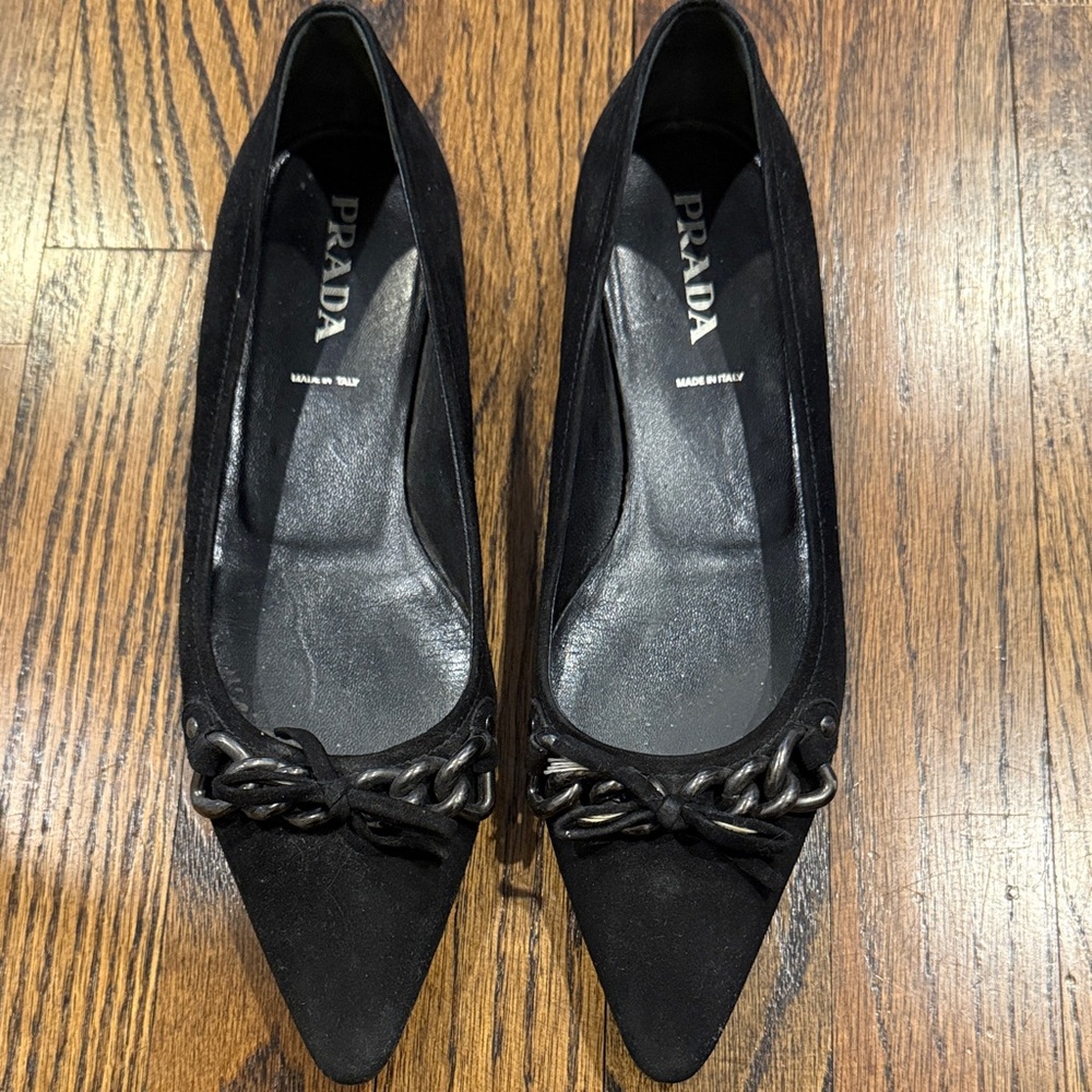 Prada Black Suede flats with Chain Accent at toe